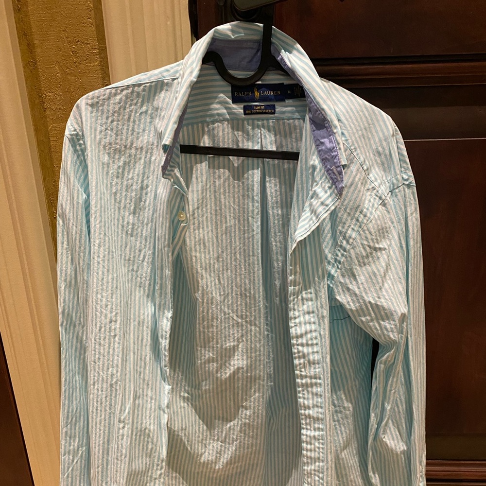 Ralph Lauren Men’s Slim Fit Medium Long Sleeve Collard Shirt Teal Stripes